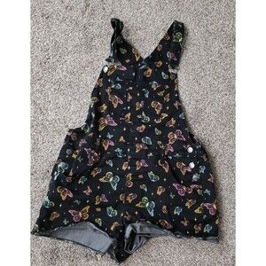 HT Denim Shortall Size Medium Butterfly Print Black Adjustable Colorful Y2K